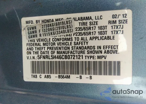 2012 Honda Odyssey Ex from USA, damaged, VIN 5FNRL5H46CB072121